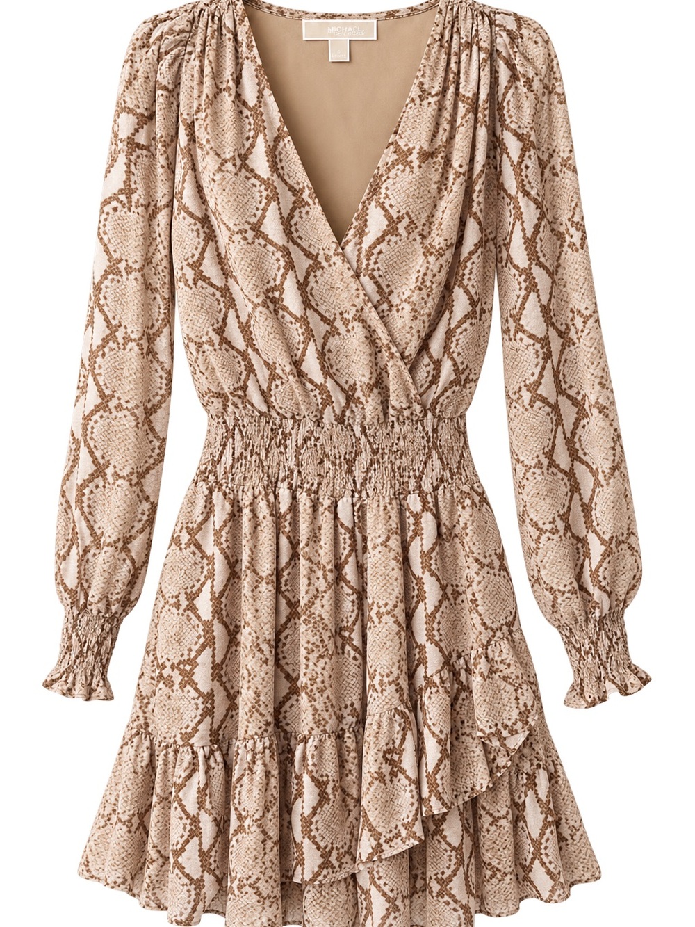 Michael Kors Beige and Brown Snake-Print Long Sleeve Mini Dress